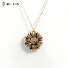 Vintage Sunflower Locket Pendant Necklace Bohemia female Open Engrave letter Necklaces Lover Gift