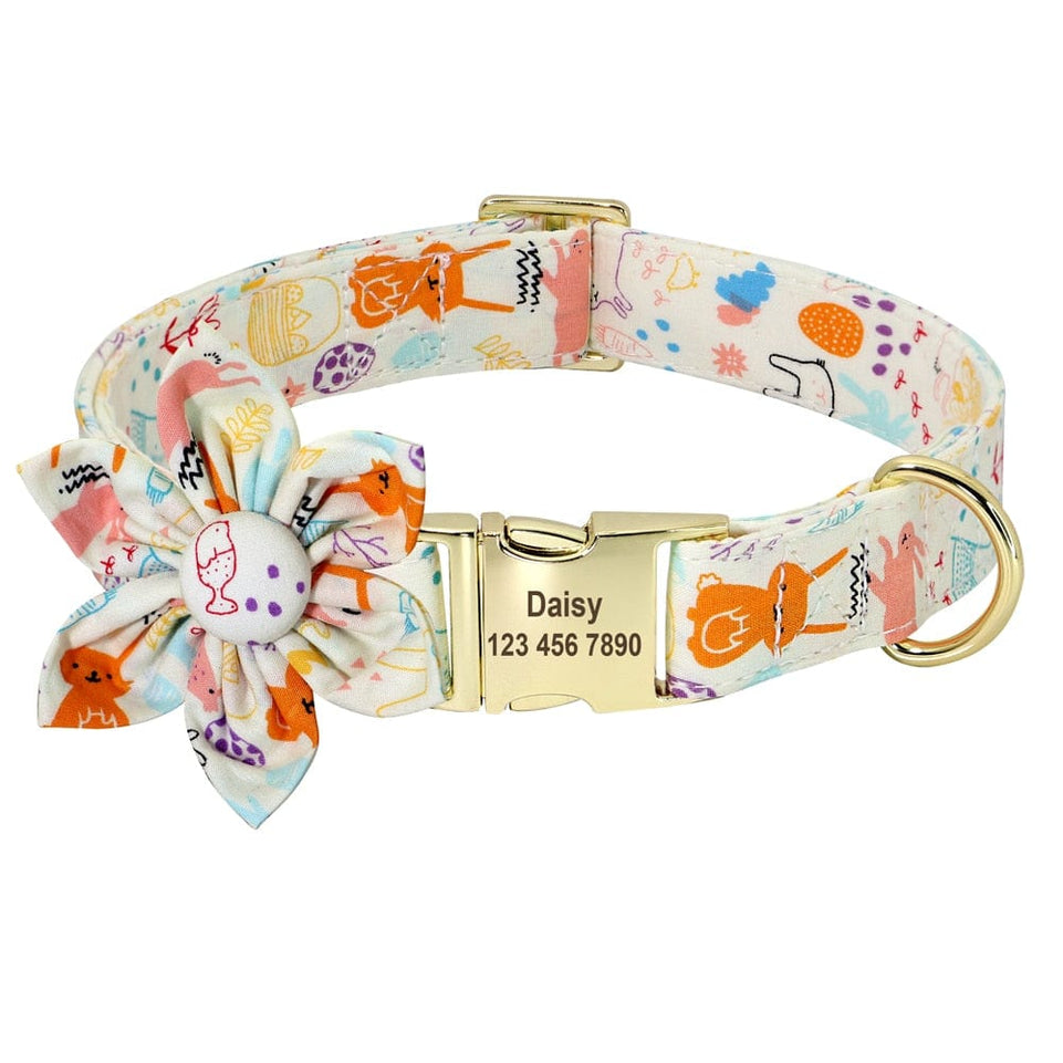 Floral Persoalized Dog Collar Fashion Printed Custom Nylon Dog Collars With Free Engraved Nameplate For Small Medium Large Dogs