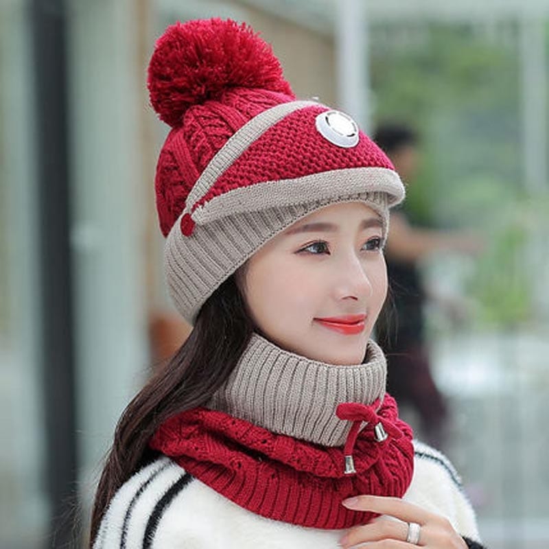 2021 New 3 Pieces Set Women's Knitted Hat Scarf Caps Neck Warmer Winter Hat For Ladies Girls Skullies Beanies Warm Fleece Caps