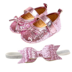 Sequins Baby Shoes Leather Toddler Baby Girl First Walkers Sets Headband Bow-knot Soft Sole Hook & Loop Bling Shoes for Girls