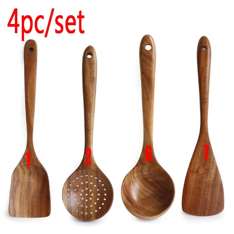 7pcs/set Teak Natural Wood Tableware Spoon Ladle Turner Rice Colander Soup Skimmer Cooking Spoon Scoop Kitchen Reusable Tool Kit - Wowza