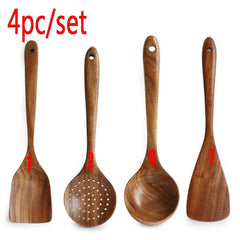 7pcs/set Teak Natural Wood Tableware Spoon Ladle Turner Rice Colander Soup Skimmer Cooking Spoon Scoop Kitchen Reusable Tool Kit - Wowza