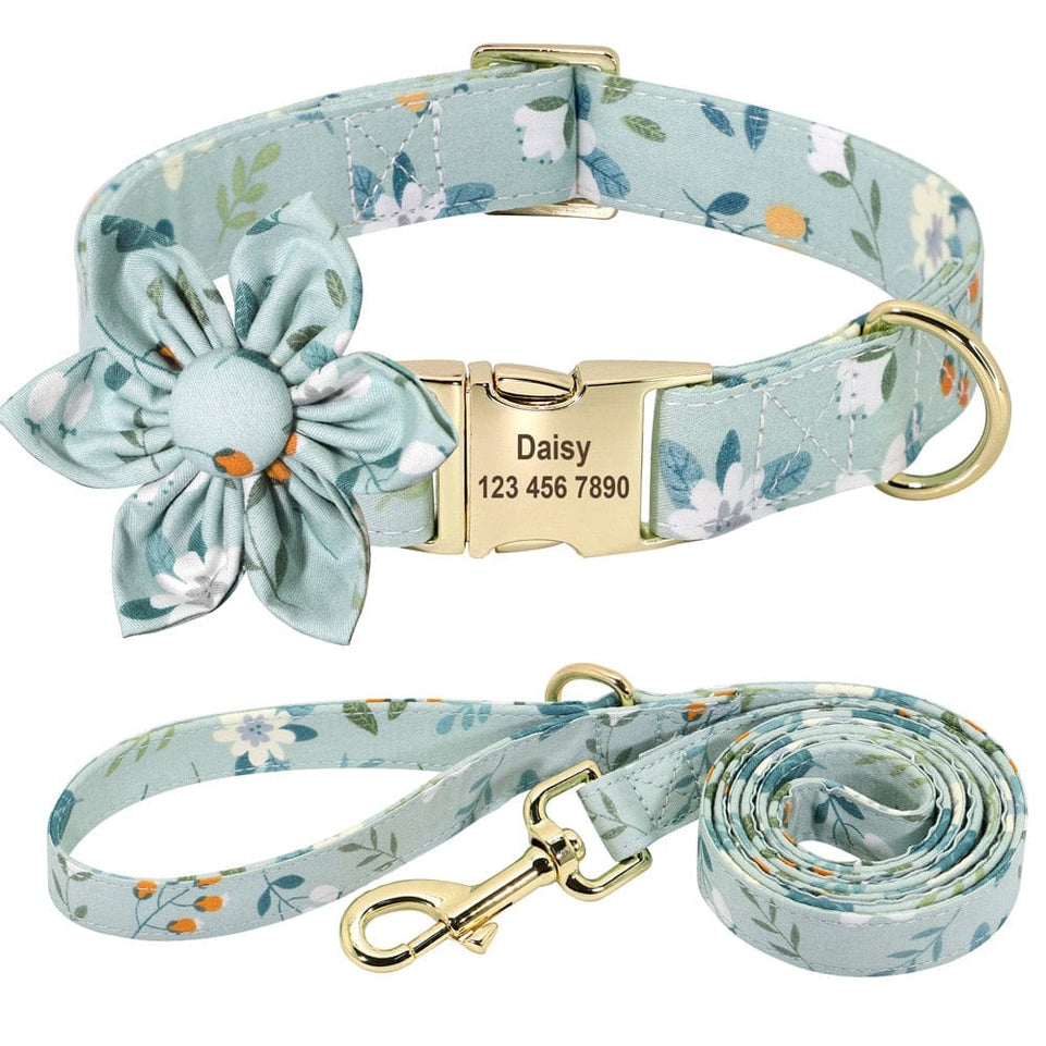 Floral Persoalized Dog Collar Fashion Printed Custom Nylon Dog Collars With Free Engraved Nameplate For Small Medium Large Dogs