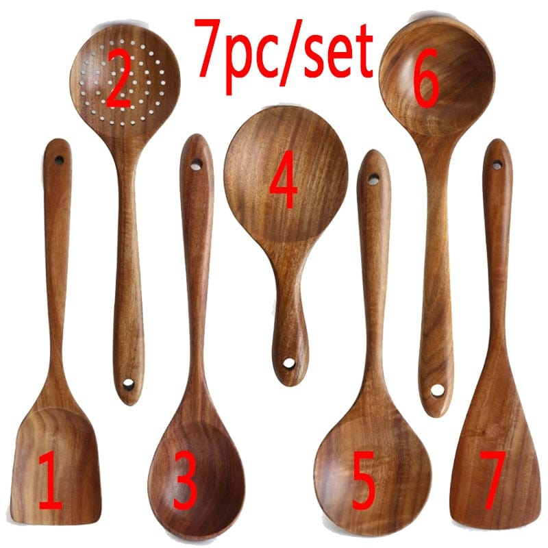 7pcs/set Teak Natural Wood Tableware Spoon Ladle Turner Rice Colander Soup Skimmer Cooking Spoon Scoop Kitchen Reusable Tool Kit - Wowza