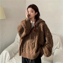 Women Autumn Winter Oversize Knitted Cardigan Casual 2022 Hooded Twist Sweater Zipper Long Sleeve Crochet Outerwear