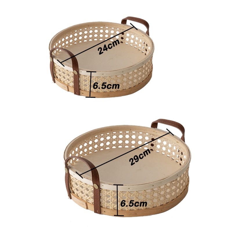 Hand-Woven Round Rattan Storage Basket Wicker Plate Fruit Snacks Serving Tray with Leather Handle - Wowza