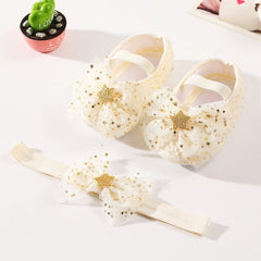 Sequins Baby Shoes Leather Toddler Baby Girl First Walkers Sets Headband Bow-knot Soft Sole Hook & Loop Bling Shoes for Girls