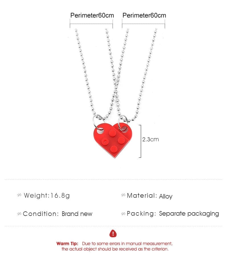 2Pcs Cute Love Heart Brick Pendant Necklace for Couples Friendship Women Men Lego Elements Couple Valentines Gifts Punk Necklace