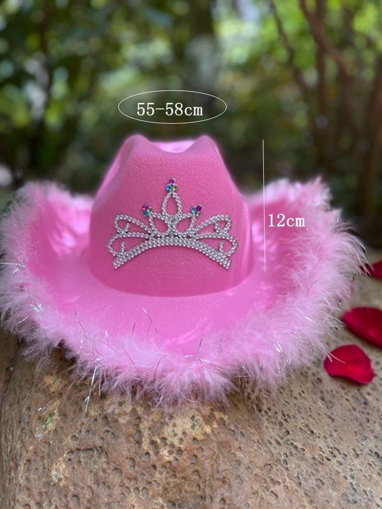 Women Wide Brim Fedora Women Girl Tiara Western Pink Cowboy Hat for Party