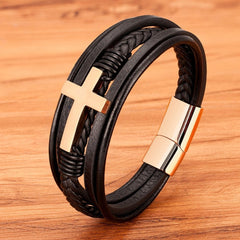 TYO Classic Style Cross Men Bracelet Multi-Layer Stainless Steel Leather Bangles Magnetic Clasp For Friend Fashion  Jewelry Gift