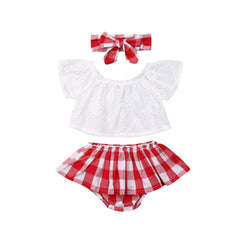 Lioraitiin 3Pcs Set 0-24M Newborn Baby Girl Clothes Cute Summer Off Shoulder Lace Tops+ Red Plaid Short Dress Headband Outfit