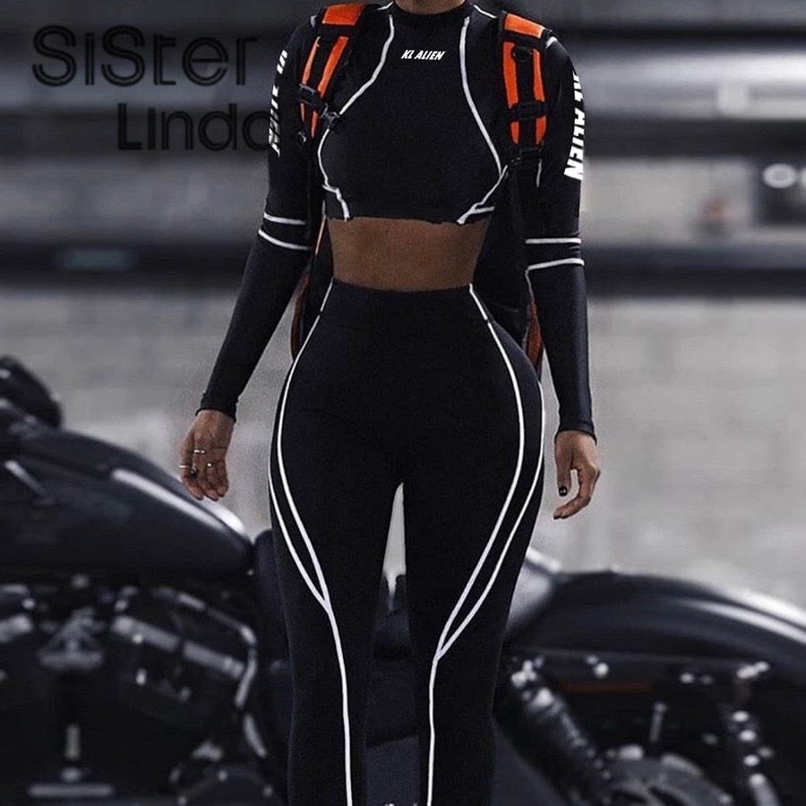 Sisterlinda Elastic Cool Matching Sets Long Sleeve Cropped Top And Pants 2 Piece Suits Women Clothing Striped Sportswear Outfits