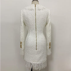 HIGH QUALITY Newest 2023 Designer Runway Women's Long Sleeve Metal Lion Buttons Fringed Tweed Tassel Dress