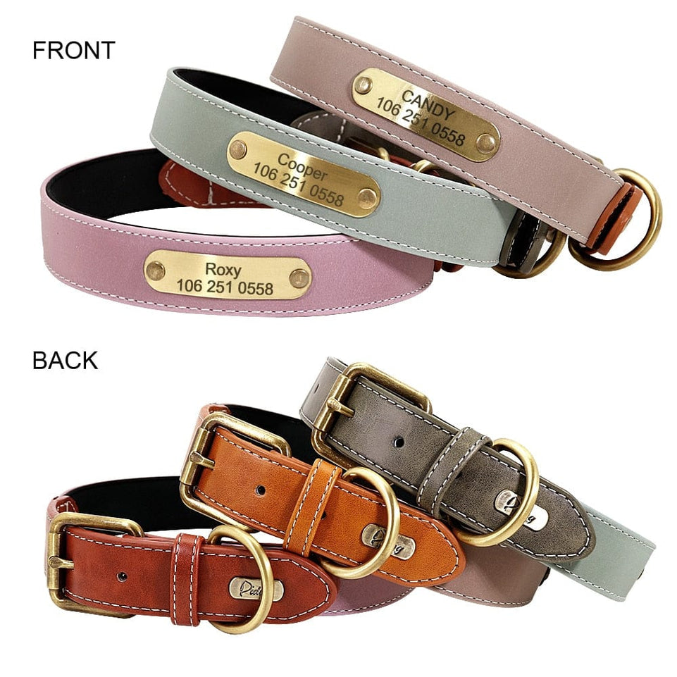 Dog Collar Personalized Engraved Dog Nameplate Collar Leather Padded Pet Puppy ID Collars Reflective For Small Medium Large Dogs - Wowza