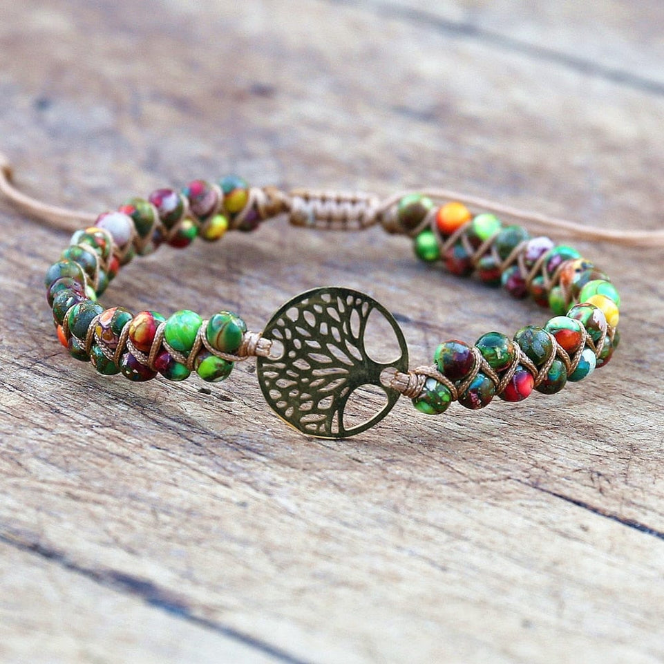 Handmade Natural African Stone Beaded Boho Yoga Wrap Bracelet & Bangle Stainless Steel Tree of Life Braided Charm Bracelet