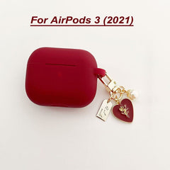 Vintage Roses Pearl Keychain Wine Red Silicone Earphone Case For Apple Airpods 1 2 Pro 3 Bluetooth Headset Cover Sweet Cute