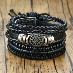 Vnox 4Pcs/ Set Braided Wrap Leather Bracelets for Men Vintage Life Tree Rudder Charm Wood Beads Ethnic Tribal Wristbands