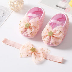 Sequins Baby Shoes Leather Toddler Baby Girl First Walkers Sets Headband Bow-knot Soft Sole Hook & Loop Bling Shoes for Girls