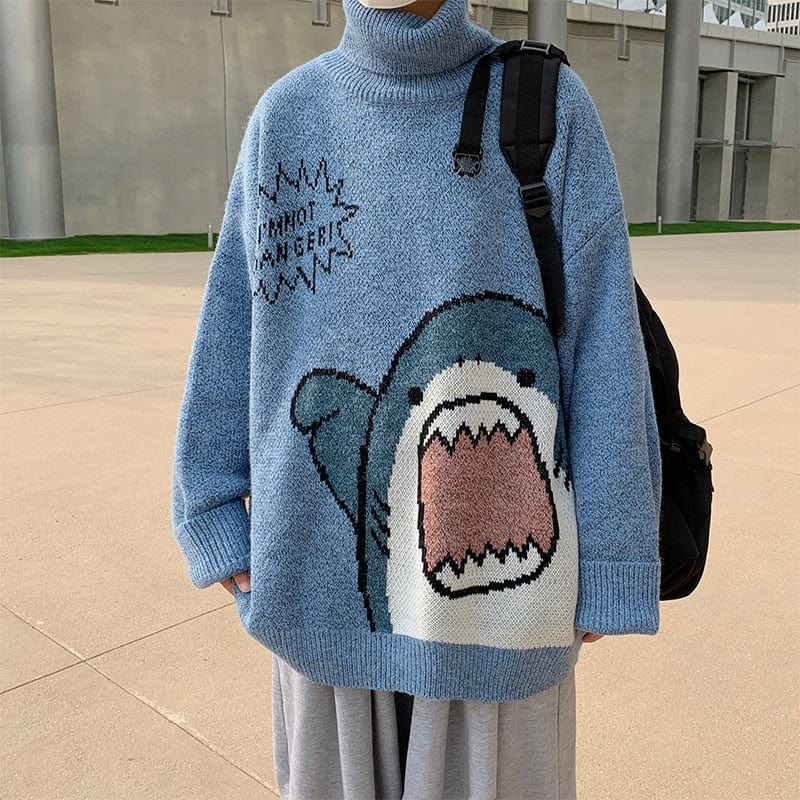 ZAZOMDE Men Turtlenecks Shark Sweater Men 2023 Winter Patchwor Harajuku Korean Style High Neck Oversized Grey Turtleneck For Men