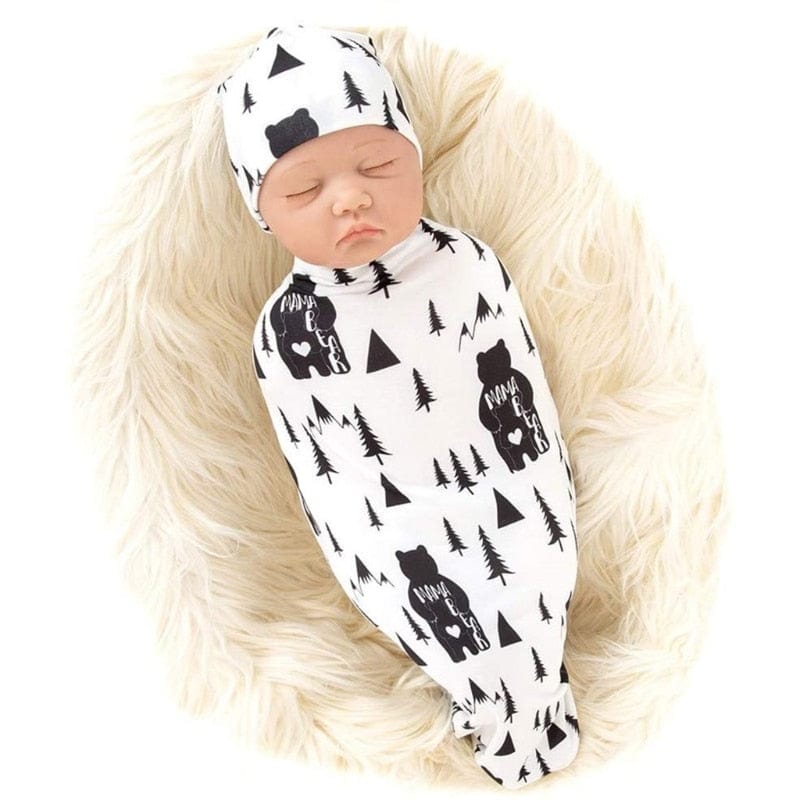 2Pcs Newborn Baby Printing Receiving Blanket Hat Set Infants Swaddle Wrap Sleeping Bag Hair Band Kit