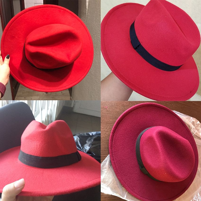 WELROG Black Red Fedora Hats For Women Imitation Wool Fedoras Panama Felt Hat Winter Men Jazz Hats Trilby Chapeau Femme Caps