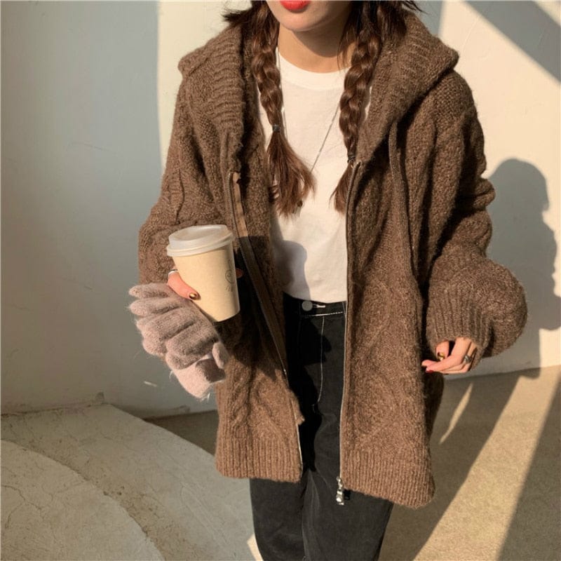 Women Autumn Winter Oversize Knitted Cardigan Casual 2022 Hooded Twist Sweater Zipper Long Sleeve Crochet Outerwear