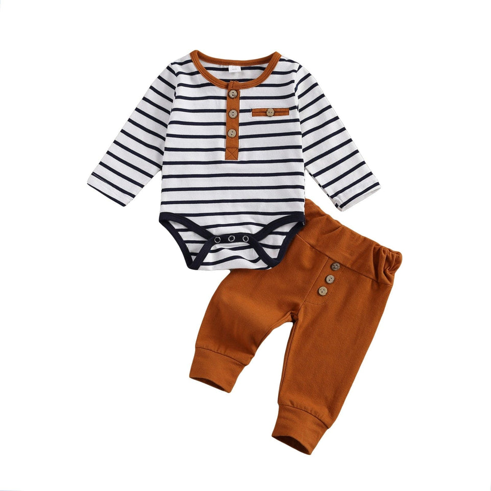 lioraitiin 2 Pcs Baby Boy Girl Casual Suit Clothing Round Neck Long Sleeve Stripe Romper Button Decoration Loose Trousers