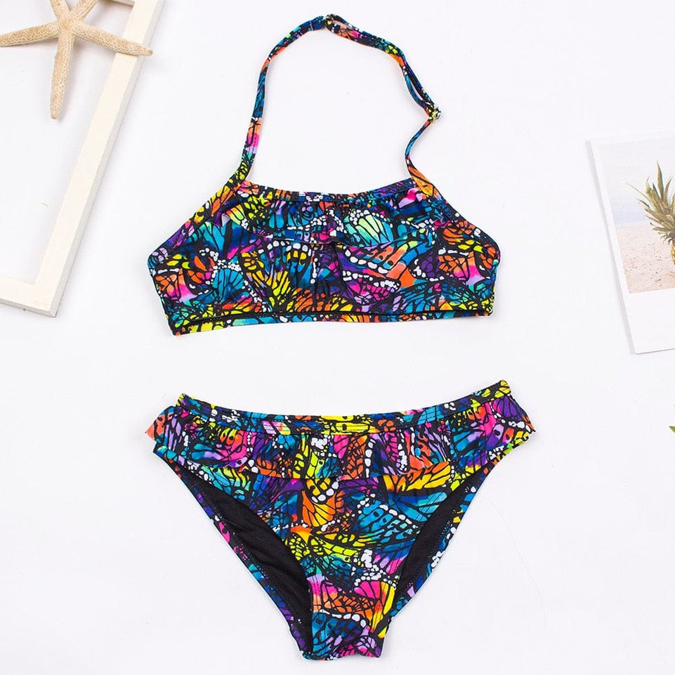 Children Girls Bikini Set 2023 Falbala Two-Pieces Swimming Suit Summer Halter Kids Girl Swimwear Swimsuit Bandage Bathing Suit