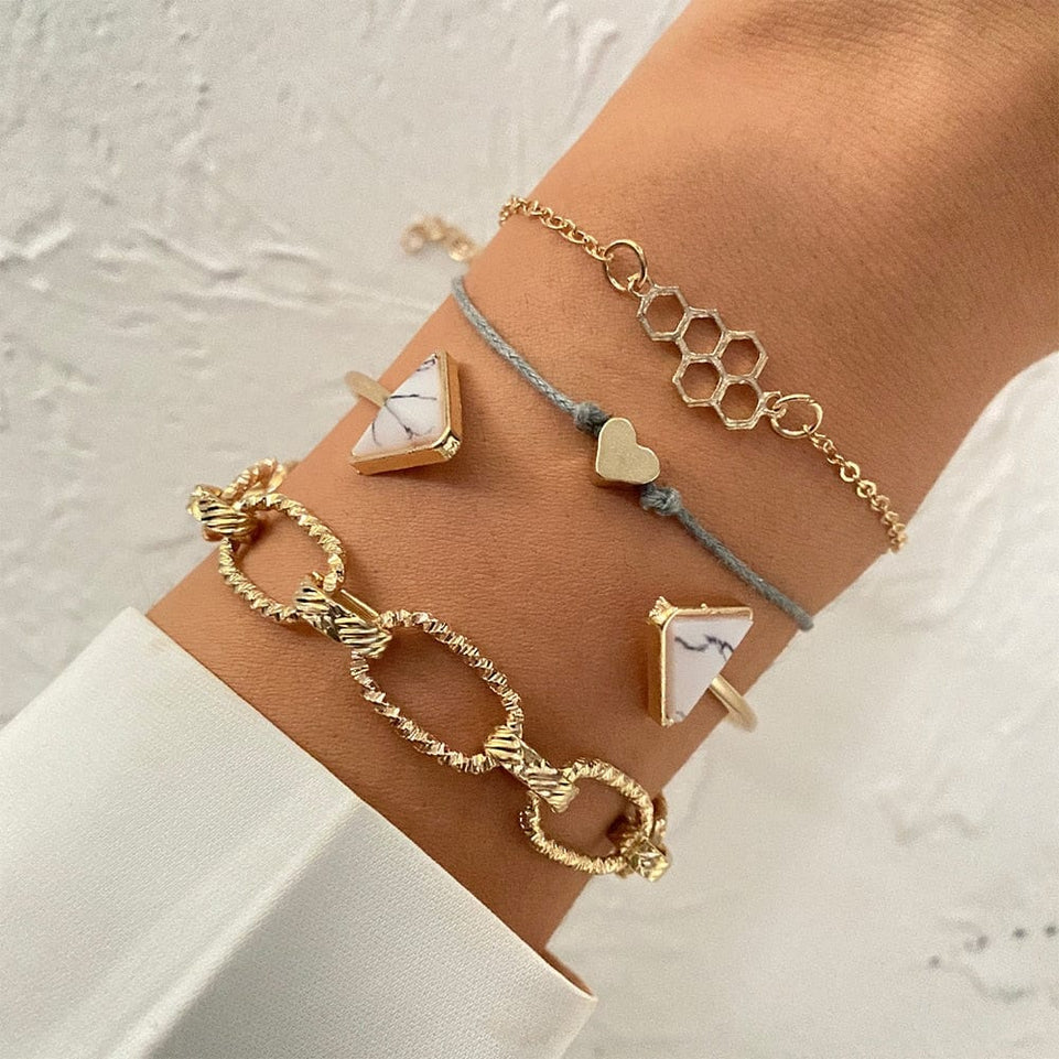 IPARAPunk Gold Color Crystal Thick Chain Bracelet Female Bohemian Geometric Chain OT Buckle Bracelet Set Jewelry Girl Party Gift