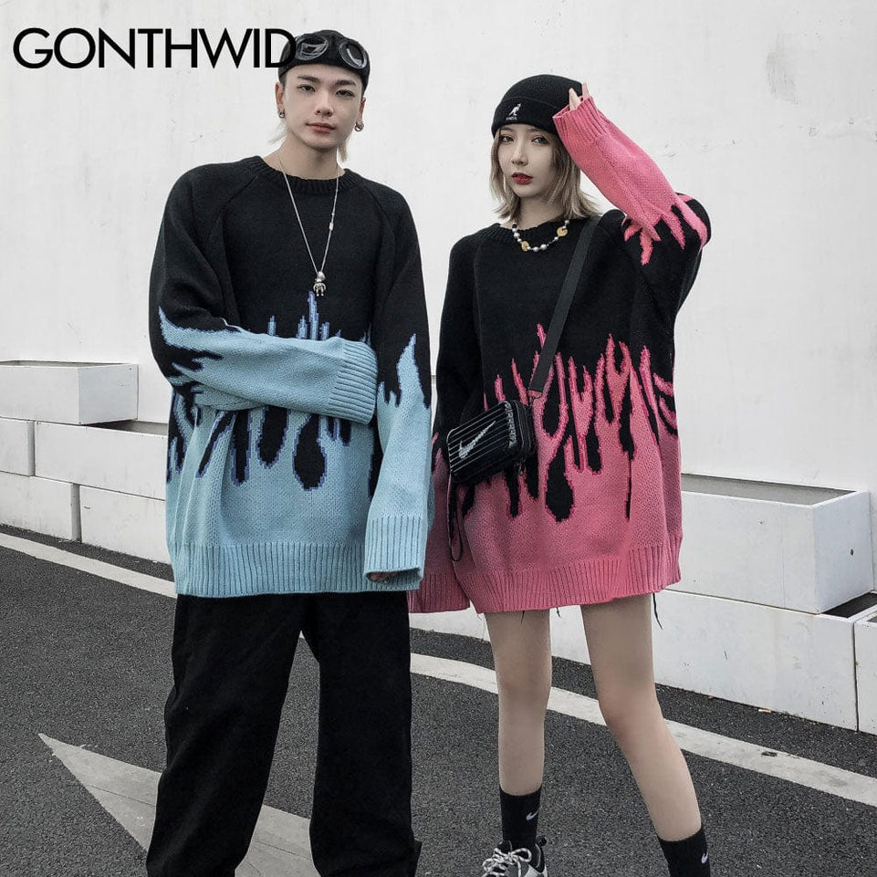 GONTHWID Hip Hop Sweaters Fire Flame Knitted Sweater Jumpers Streetwear Harajuku 2023 Mens Fashion Casual Pullover Tops Coats