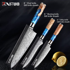 XITUO Kitchen Knives-Set Damascus Steel Chef Knife Cleaver Paring Utility Bread Knife Cooking Tool Blue Resin Handle 1-6Pcs/Set - Wowza