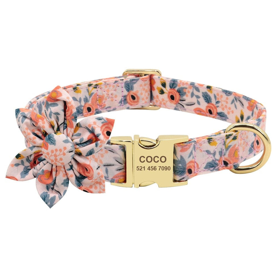 Floral Persoalized Dog Collar Fashion Printed Custom Nylon Dog Collars With Free Engraved Nameplate For Small Medium Large Dogs