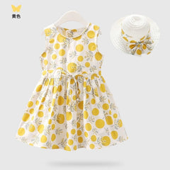 2PCS/Set Girls Dress +Hat Cotton Comfortable Children's Dress 2023 Summer Dress Floral Girls' Sleeveless Dress For Children