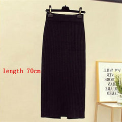 Mid-long Knitted Half-length Skirt Women's High waist One-step Skirt Autumn And Winter Hip Skirt Open-forked Elegant Skirts