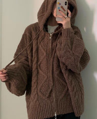 Women Autumn Winter Oversize Knitted Cardigan Casual 2022 Hooded Twist Sweater Zipper Long Sleeve Crochet Outerwear