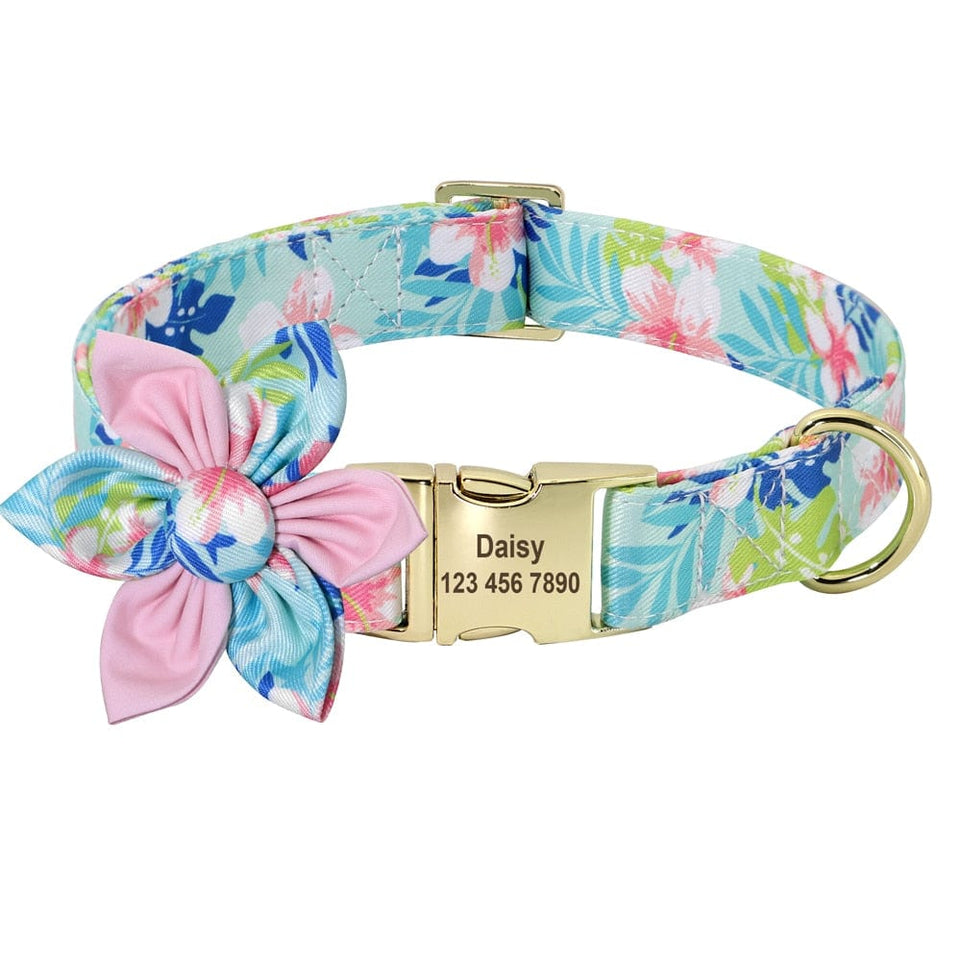 Floral Persoalized Dog Collar Fashion Printed Custom Nylon Dog Collars With Free Engraved Nameplate For Small Medium Large Dogs