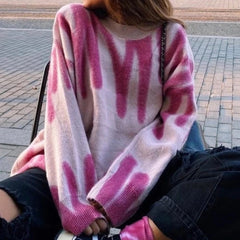 Print Knitted Sweater Women Elegant Green Striped Oversized Pullovers Women Winter Loose Long Sweaters Streetwear Sueter Mujer