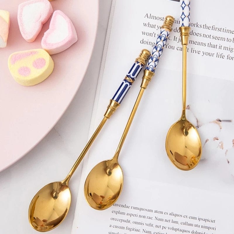 Stainless Steel Dessert Spoon Ceramic Long Handle Icecream Spoon Teaspoon Gold Coffee Cake Fruit Milk Spoon Kitchen Tableware - Wowza