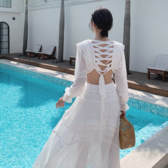 Women Summer Dress Sexy Chiffon Long Sleeve Hollow Out Bandage Back Ruched White Fairy Ladies Fashion Beach Holiday Dresses