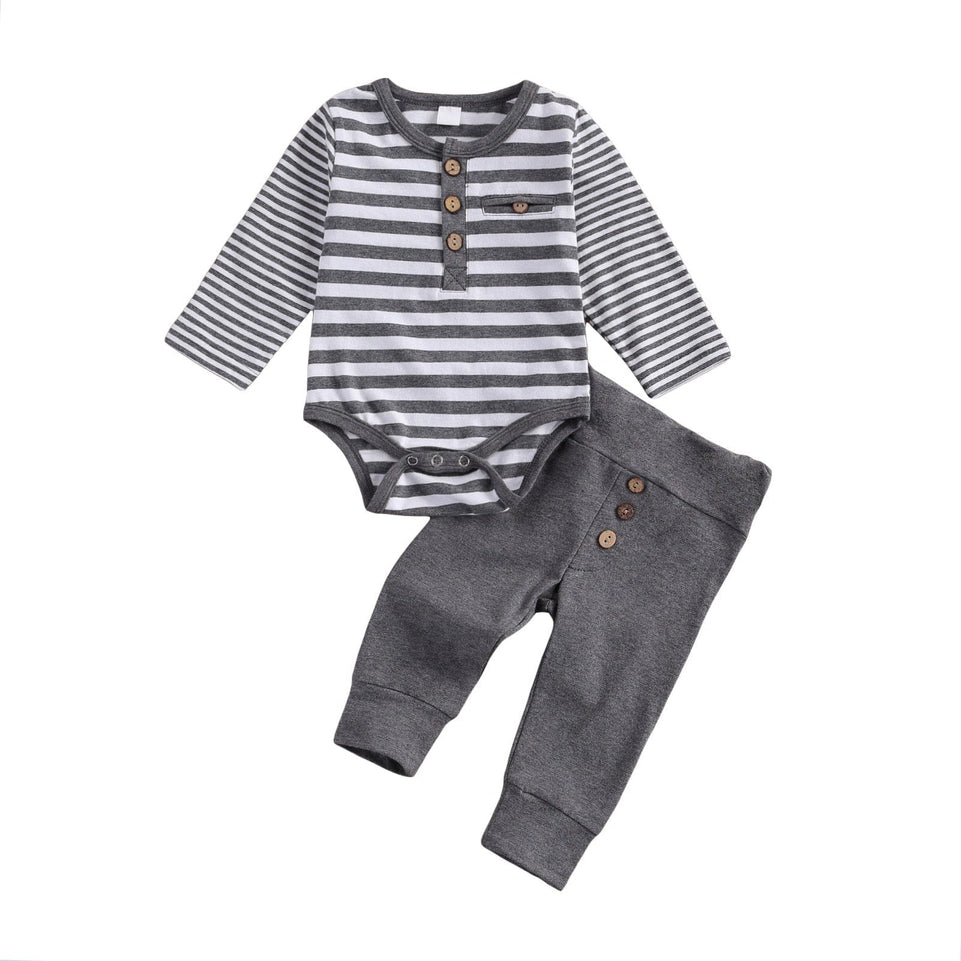 lioraitiin 2 Pcs Baby Boy Girl Casual Suit Clothing Round Neck Long Sleeve Stripe Romper Button Decoration Loose Trousers