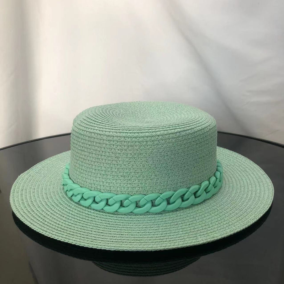 Macaron color straw hat sun hat flat top Korean fashion color chain with top hat acrylic beach hat candy color sun hat