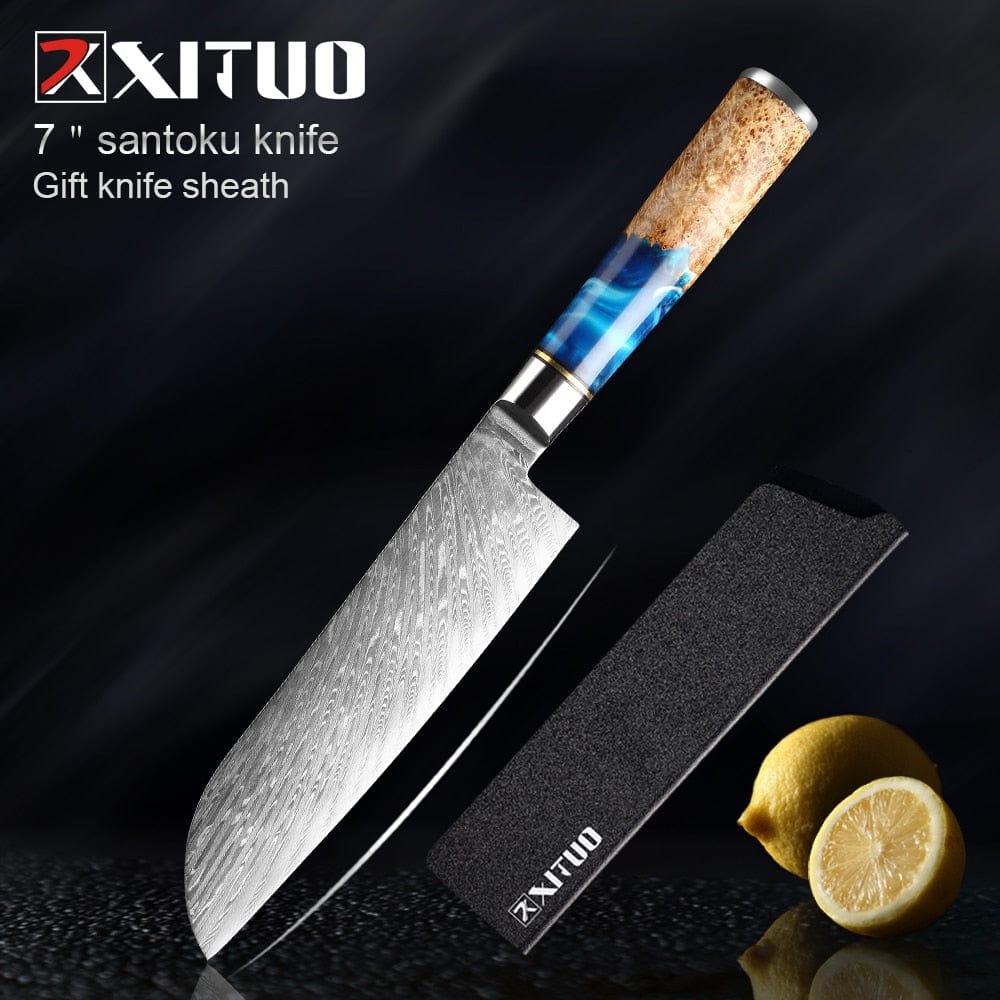 XITUO Kitchen Knives-Set Damascus Steel Chef Knife Cleaver Paring Utility Bread Knife Cooking Tool Blue Resin Handle 1-6Pcs/Set - Wowza