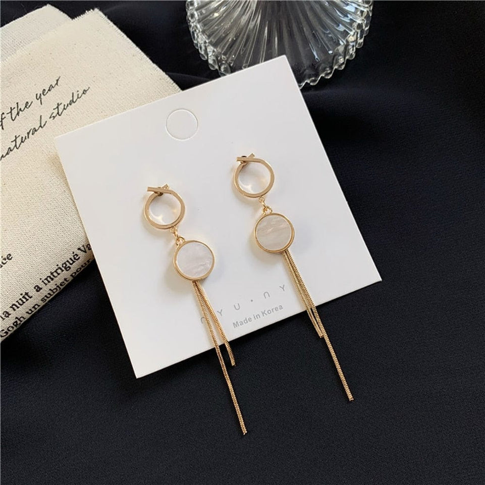 Korean Vintage Glossy Arc Bar Long Tassel Drop Earrings for Women Gold Color Geometric Fashion Jewelry Luxury Hanging Pendientes