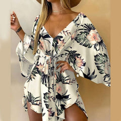 New Summer Women Elegant Dresses Sexy V Neck Lace-up Floral Printed Mini Dress Casual Flared Sleeve Irregular Ladies Party Dress