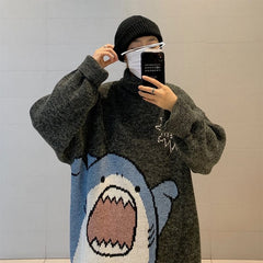 ZAZOMDE Men Turtlenecks Shark Sweater Men 2023 Winter Patchwor Harajuku Korean Style High Neck Oversized Grey Turtleneck For Men