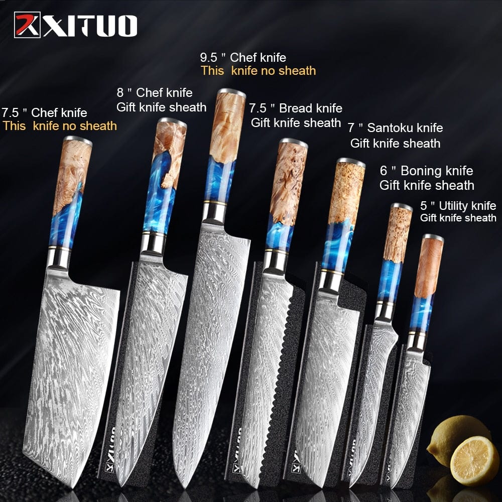 XITUO Kitchen Knives-Set Damascus Steel Chef Knife Cleaver Paring Utility Bread Knife Cooking Tool Blue Resin Handle 1-6Pcs/Set - Wowza