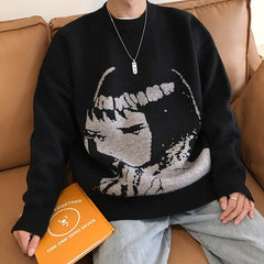 Harajuku Handsome Pullover Sweater Oversized Japanese Anime Cartoon Style Men and Women Print Knitted Sweater Long Sleeves Tops