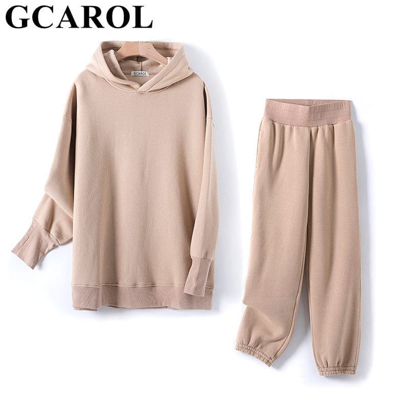 GCAROL Fall Winter Women Long Hooded Suits 80% Cotton Fleece Oversized Boyfriend Unisex Sweatshirt Elastic Waist Harem Pants