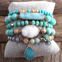 RH New Designer Boho Beaded Bracelet Set Natural Stone & Druzy 5pc Bracelets Bangles Set For Fashion Jewelry