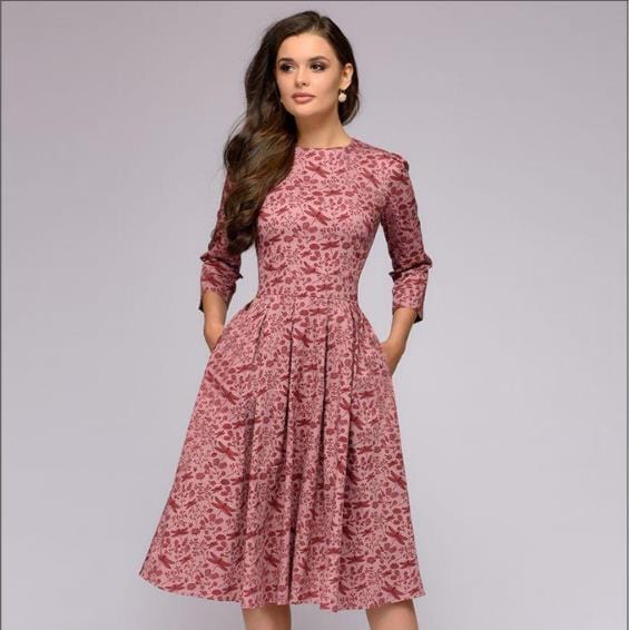 Women Retro Tunic 3/4 Long Sleeved Floral Print Bodycon Dresses Vintage Dress Elegant Ladies Dress